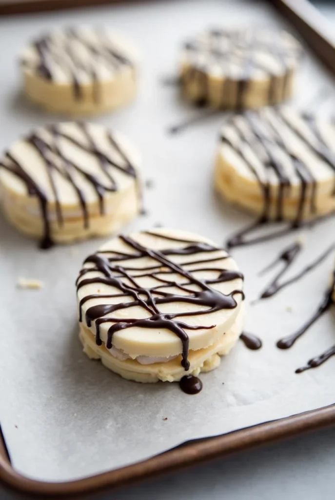 Close-up of a homemade Zebra Cake showing the soft vanilla sponge layers and creamy filling inside.