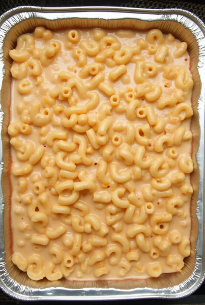 Creamy smoked mac and cheese in a foil pan, showcasing its rich cheese sauce and smooth texture.