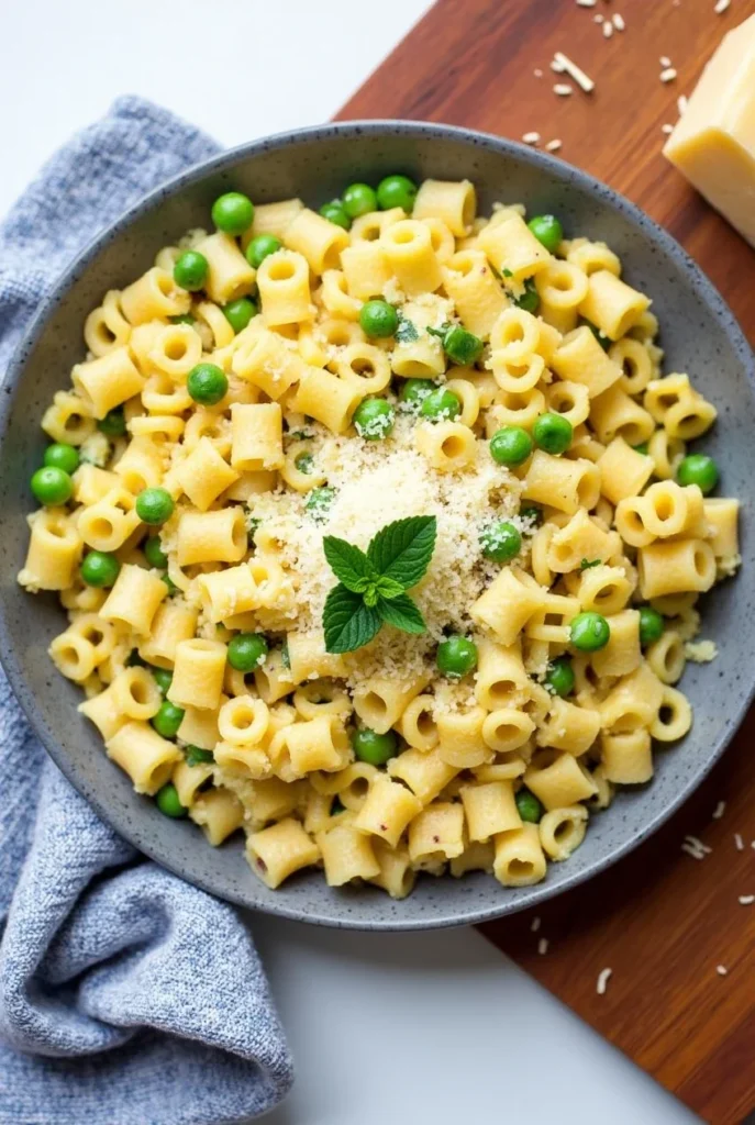 Bowl of ditalini pasta with peas, Parmesan cheese, and fresh mint garnish.