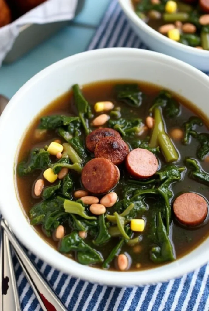 Bowl of swamp soup with sliced sausage, spinach, beans, and corn.