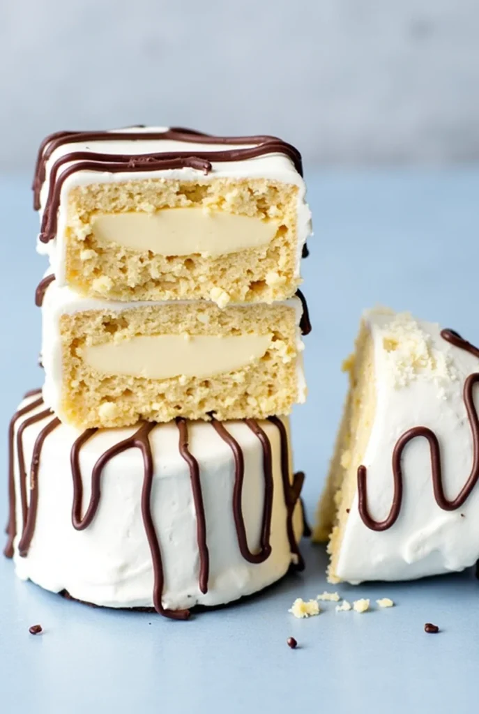 Stack of homemade Zebra Cakes with creamy filling, chocolate glaze, and signature white stripes on a white plate.