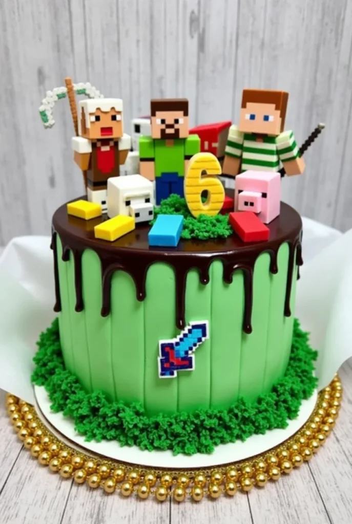 A Minecraft-themed birthday cake with green frosting, chocolate drip, and figurines of characters, animals, and blocks