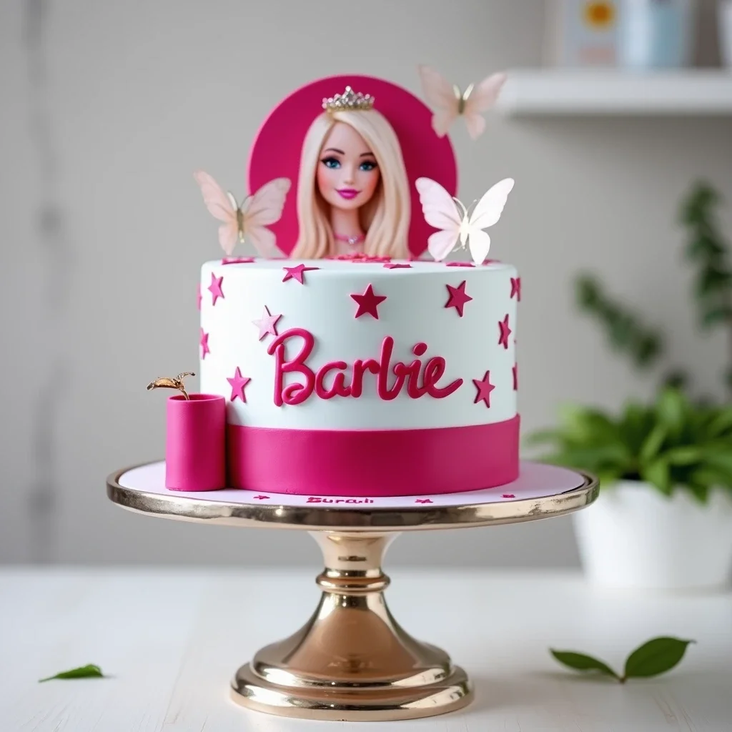 A white and pink Barbie-themed cake with a golden crown and butterfly decorations, displayed on a gold cake stand.