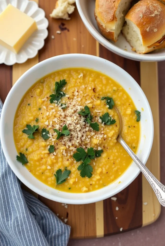 A bowl of creamy yellow pastina soup topped with fresh parsley and Parmesan, served with crusty bread and butter on a wooden board.