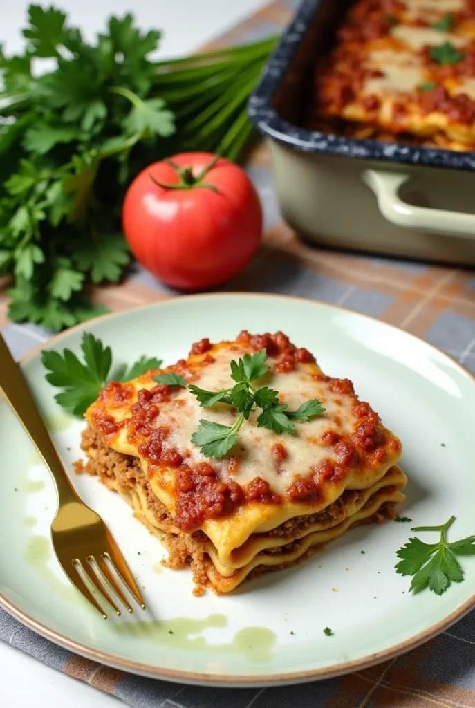 Freshly baked lazy lasagna in a casserole dish with bubbling golden cheese and fresh parsley garnish