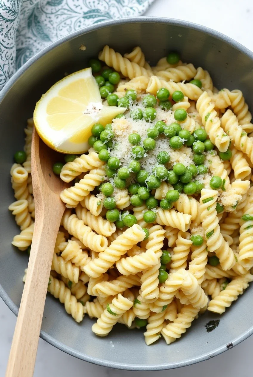 A bowl of fusilli pasta with peas, garnished with Parmesan cheese and a lemon wedge.