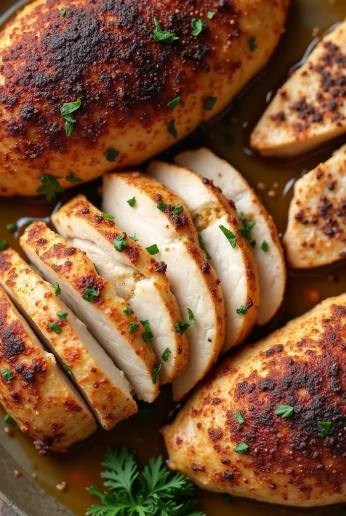 Juicy sliced baked chicken cutlet recipe garnished with fresh parsley.