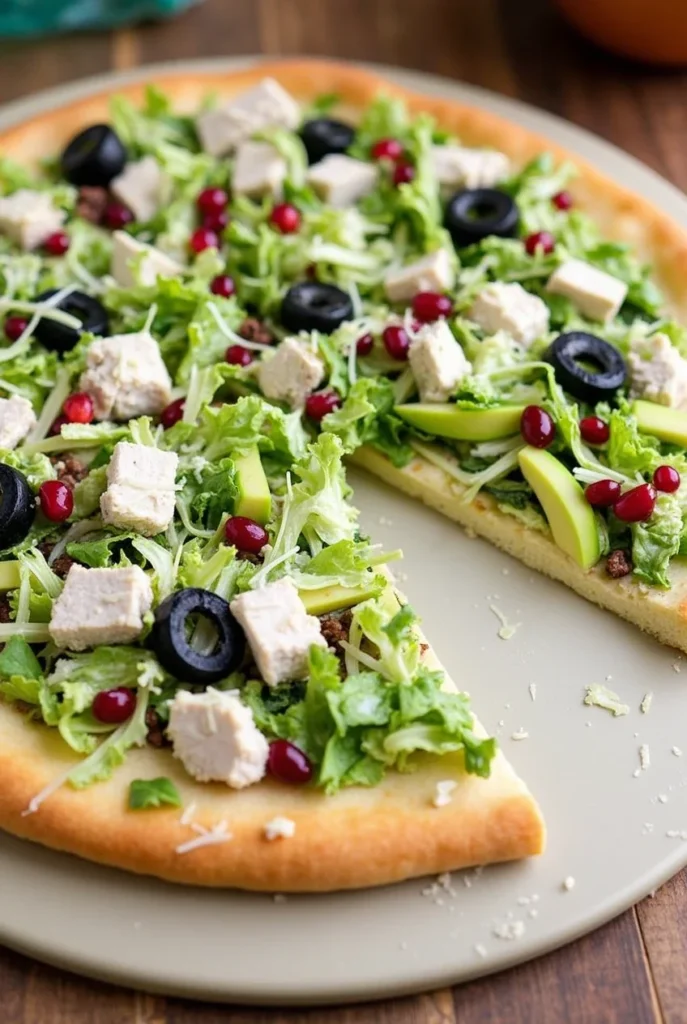 Chicken Crust Caesar Salad Pizza topped with fresh lettuce, avocado slices, black olives, and pomegranate seeds.