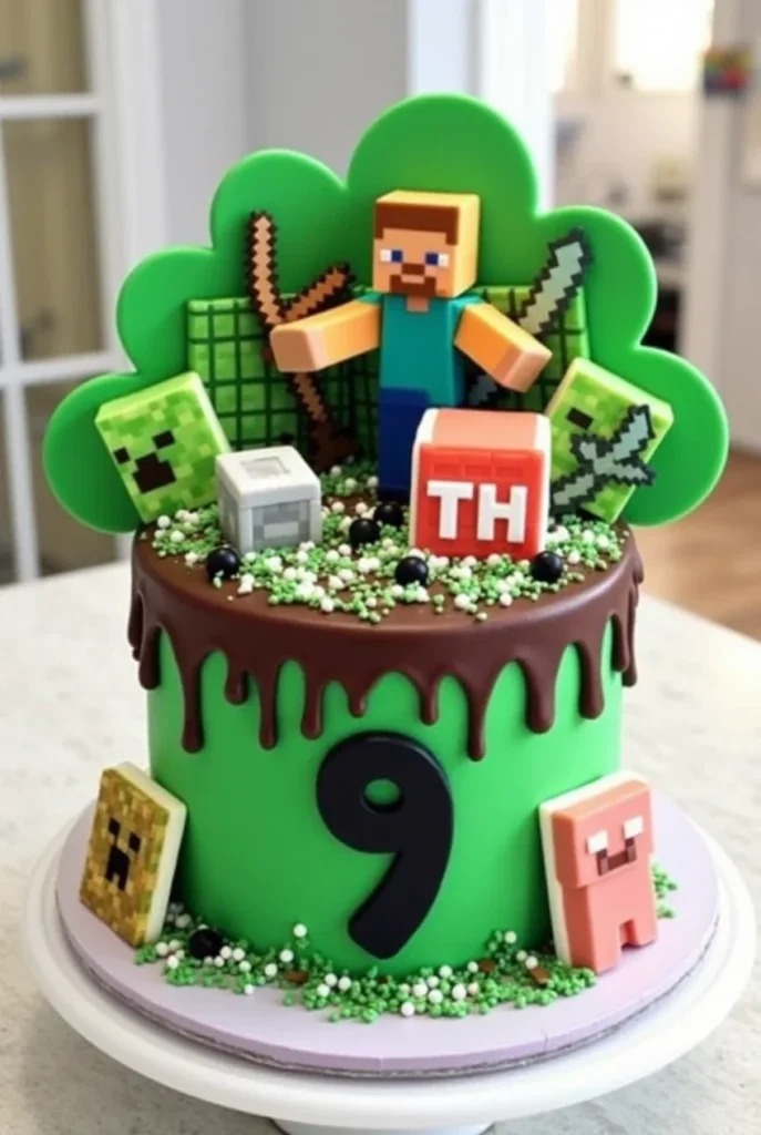 A vibrant Minecraft birthday cake with green frosting, chocolate drip, and iconic elements like Steve, Creepers, and pixelated swords.