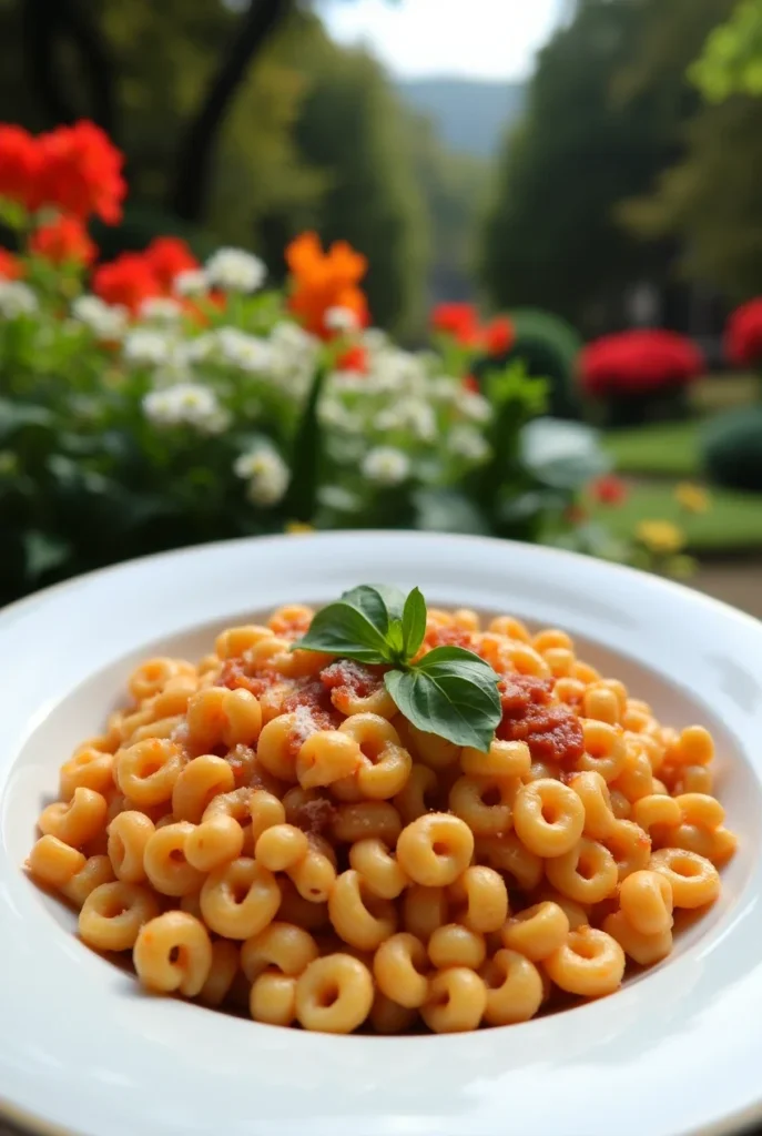 Ditalini pasta with tomato sauce, garnished with fresh basil, served in an outdoor setting.