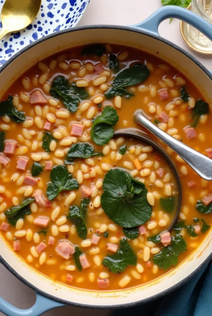 Pot of swamp soup with white beans, ham, and spinach in a tomato-based broth.