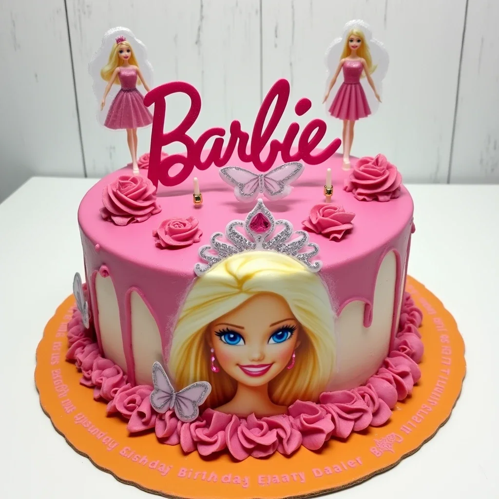 A pink Barbie birthday cake with Barbie dolls and rose decorations on a bright orange cake base.