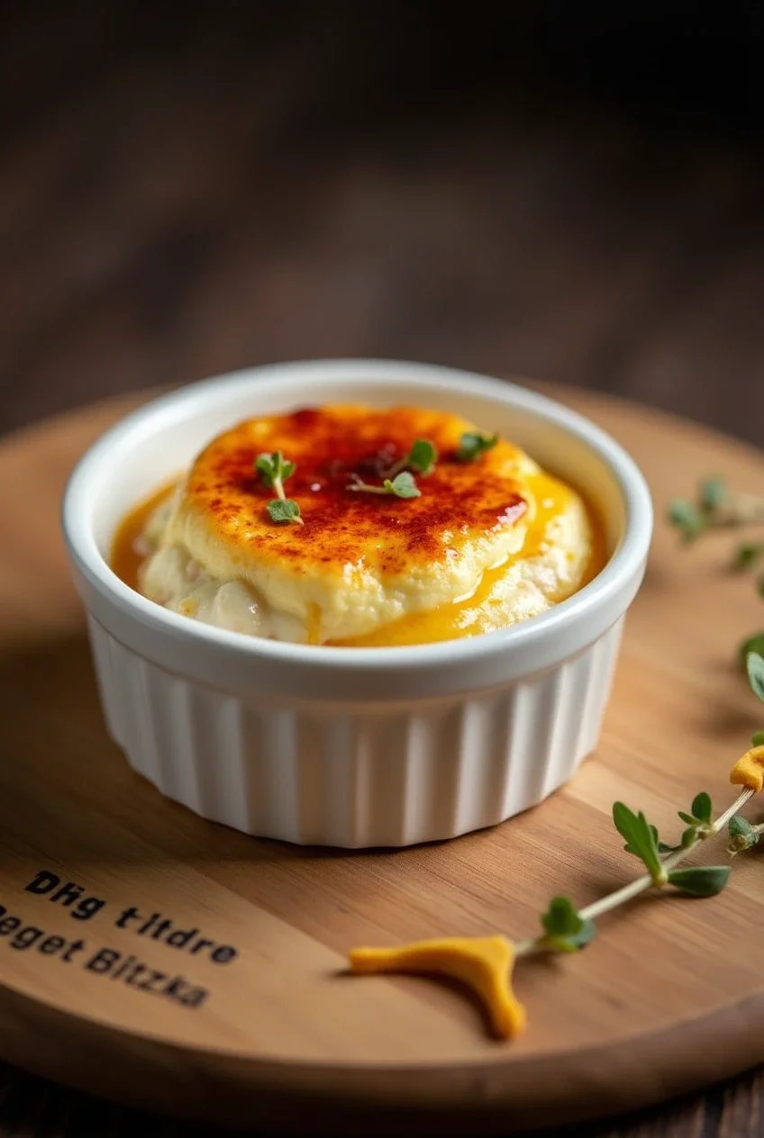 Crab Brûlée Recipe: A ramekin with a golden-brown custard garnished with herbs, sitting on a wooden board with small decorative herbs nearby.