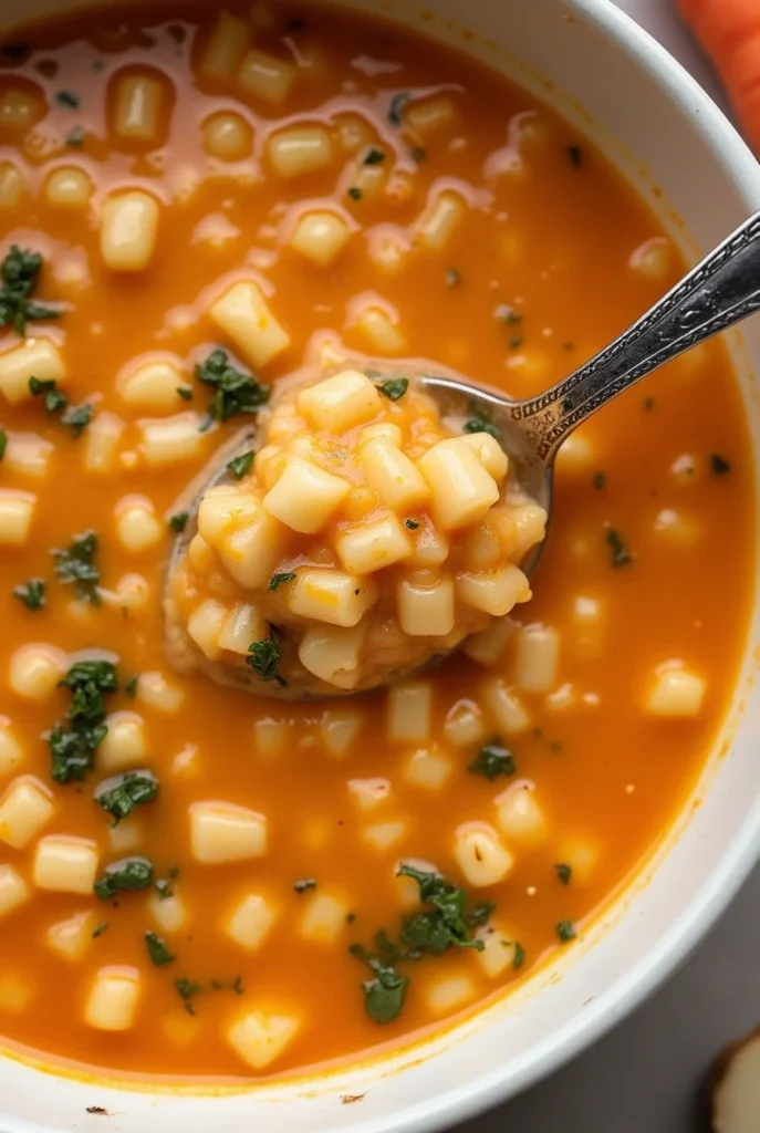 Close-up of pastina soup with tomato-based broth and small pasta pieces, garnished with parsley on a spoon.