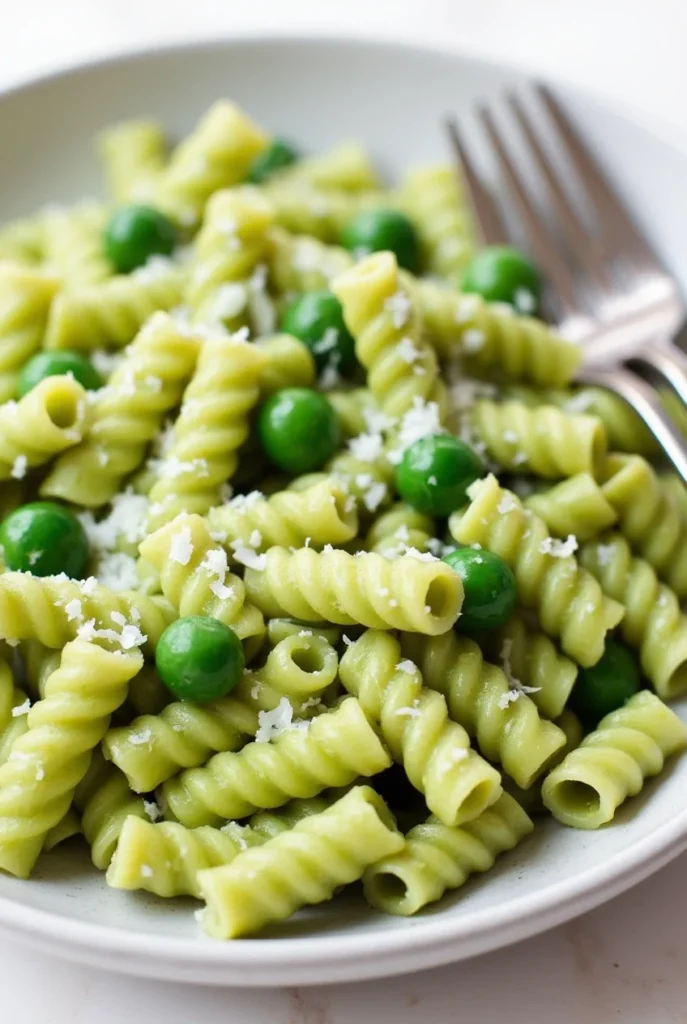 Rotini pasta coated in a creamy pea sauce, topped with green peas and grated cheese.