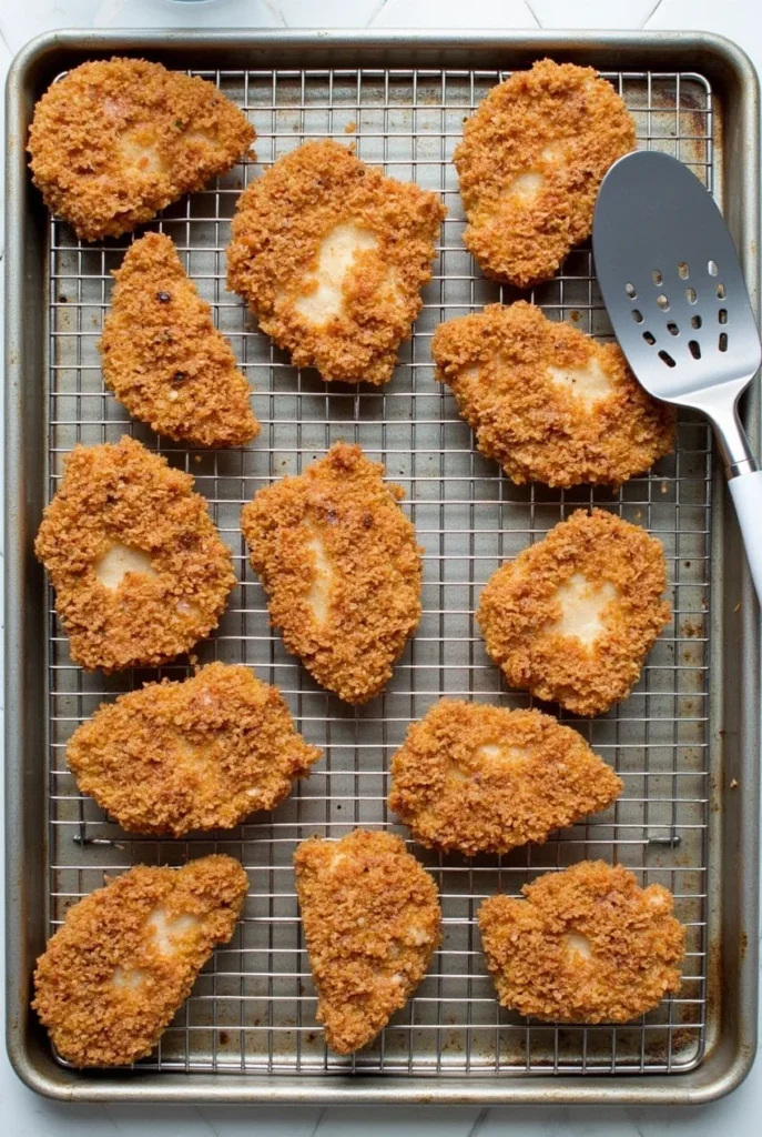 Crispy baked chicken cutlets on a wire rack, golden brown and ready to serve.