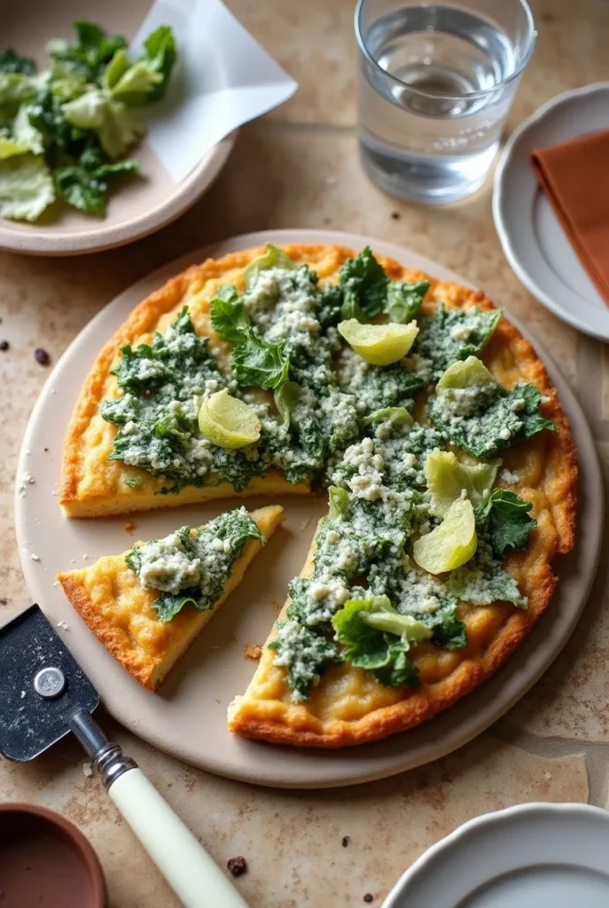 Chicken Crust Caesar Salad Pizza with kale, creamy dressing, and grated Parmesan cheese.