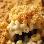 Smoked mac and cheese topped with crispy golden breadcrumbs, served in a dish.