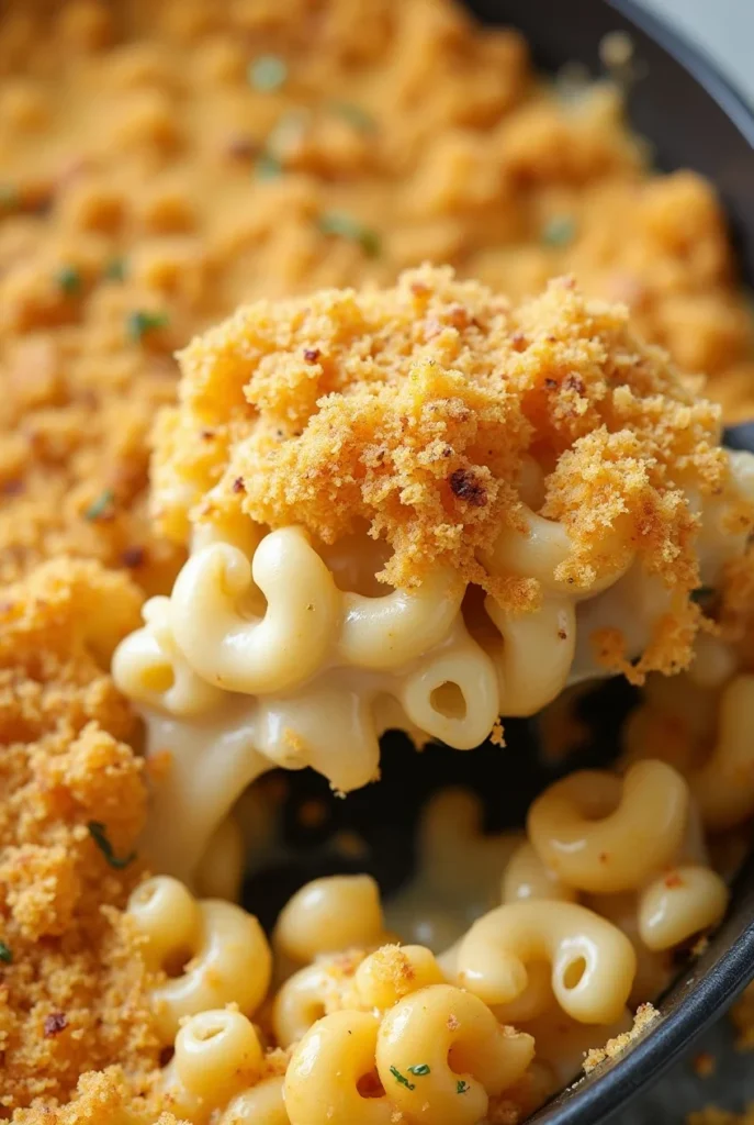 Smoked mac and cheese topped with crispy golden breadcrumbs, served in a dish.