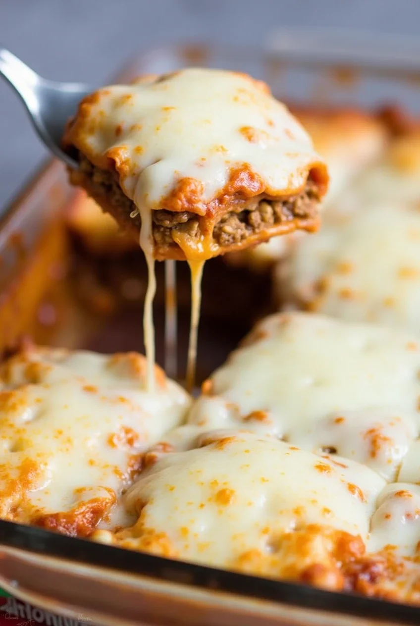 Close-up of a cheesy slice of lazy lasagna being lifted from the dish with a spatula