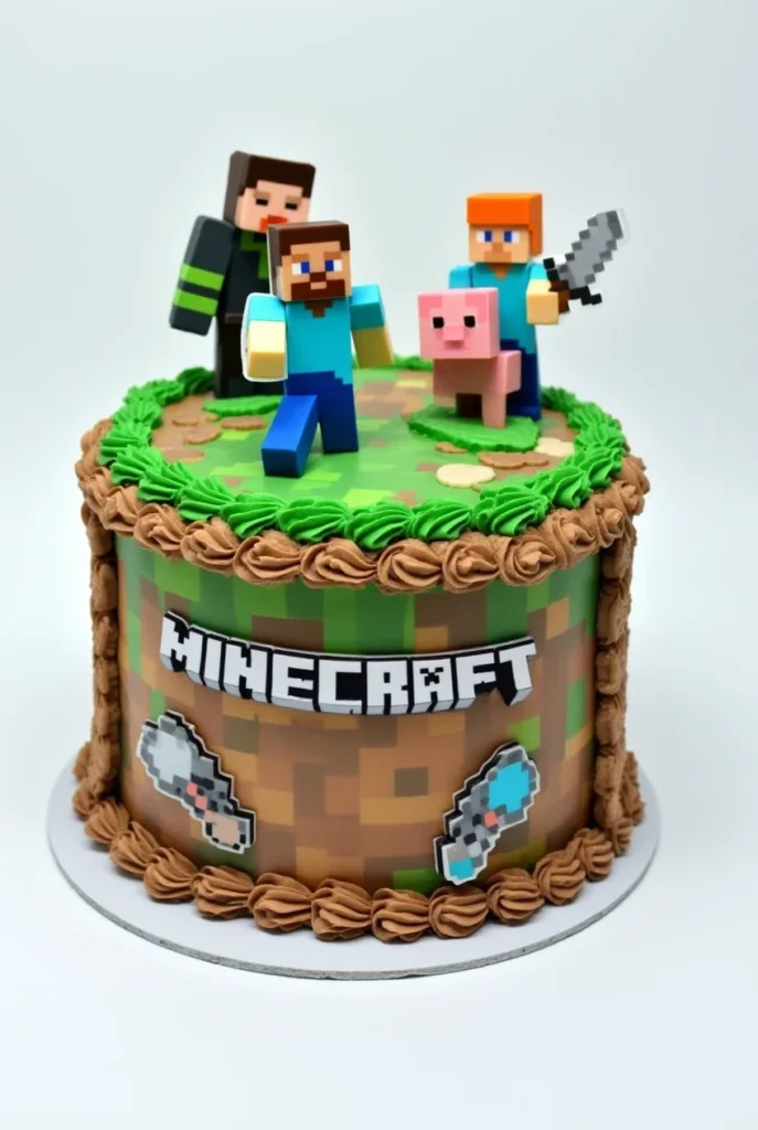 A round Minecraft cake with pixelated grass and dirt textures, characters, and game-themed elements.