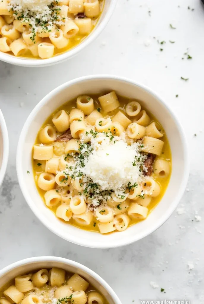 Bowls of ditalini pasta in a creamy broth topped with Parmesan and parsley.