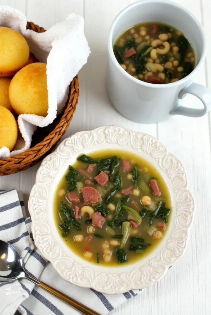 Plate of swamp soup served with cornbread and a cup of soup in the background.