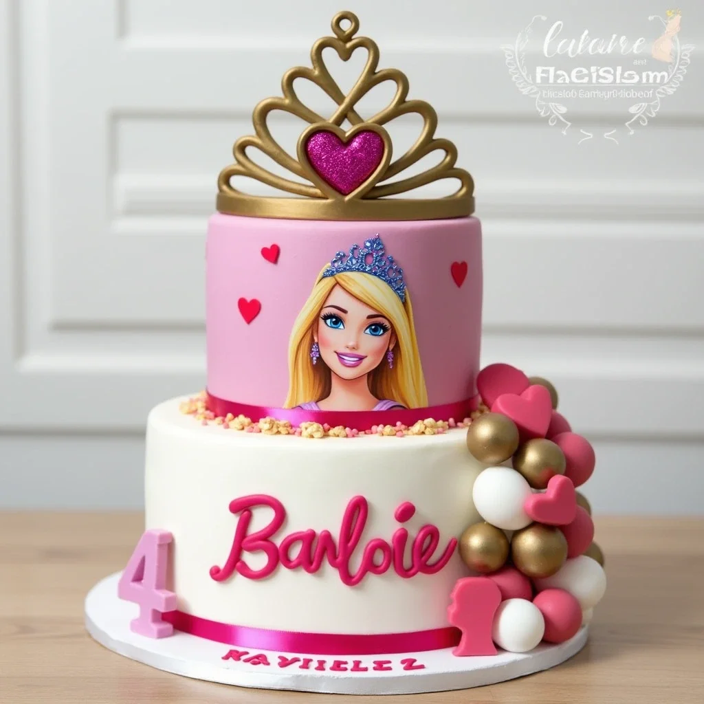 A two-tier Barbie birthday cake with a pink and white color scheme, a golden crown, and heart decorations.