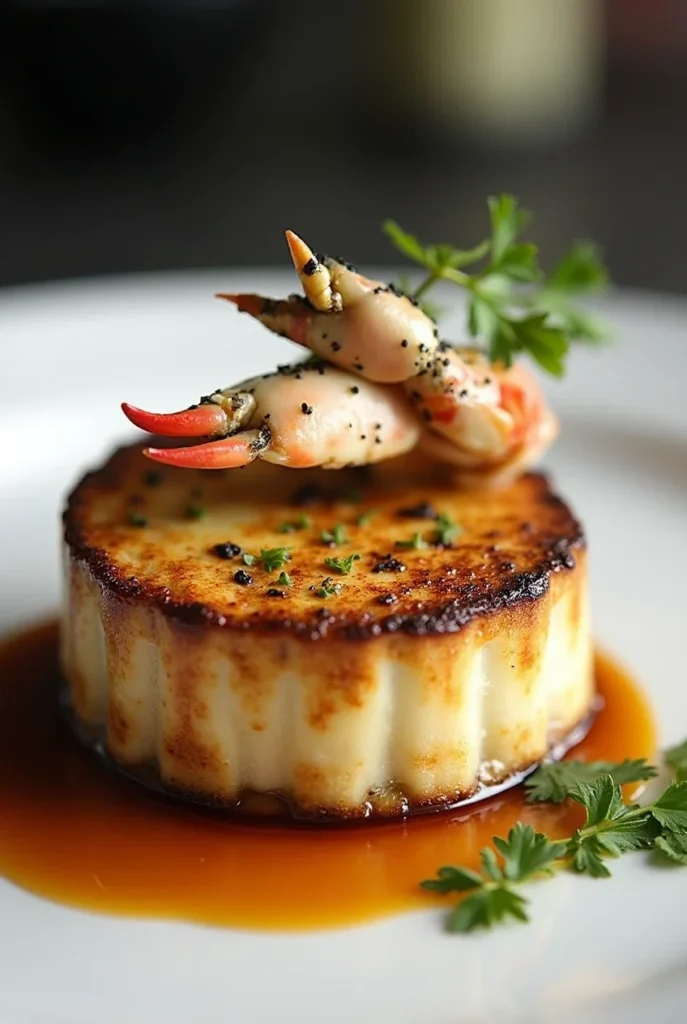 A sophisticated plated dish featuring a caramelized custard topped with crab claws and garnished with parsley.