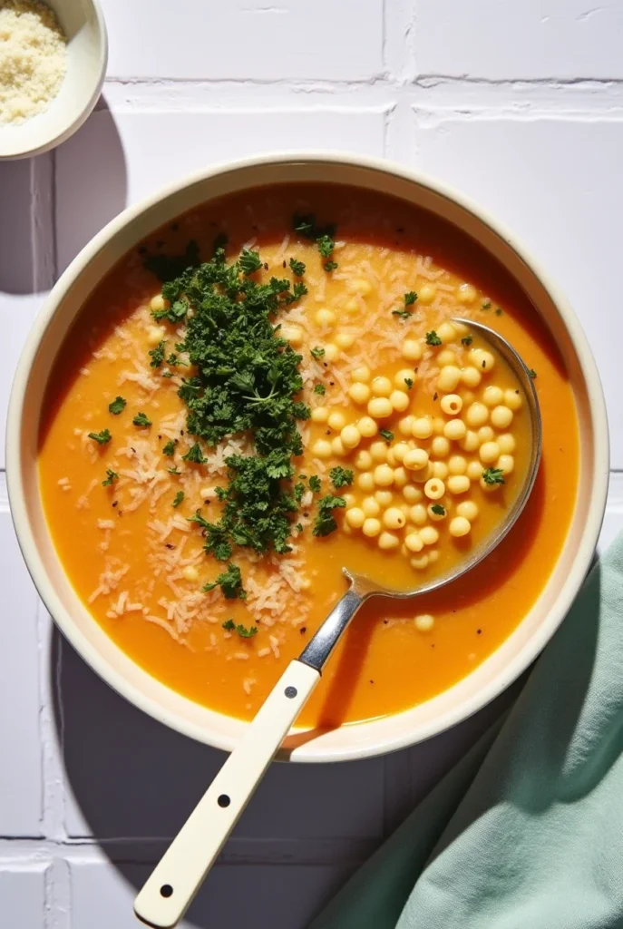 A vibrant orange bowl of pastina soup topped with Parmesan and fresh parsley, served with a ladle and cheese on the side.