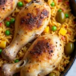 Juicy roasted chicken drumsticks served on a bed of yellow rice with green peas, diced bell peppers, and green olives.