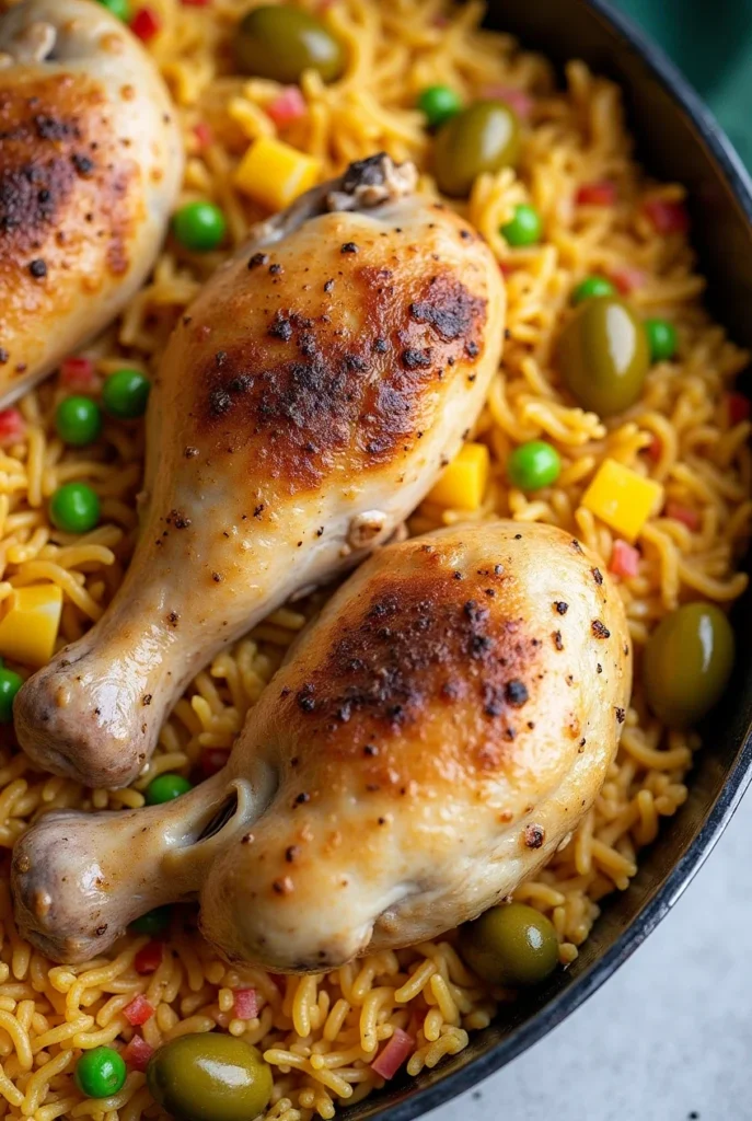 Juicy roasted chicken drumsticks served on a bed of yellow rice with green peas, diced bell peppers, and green olives.