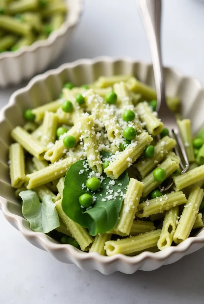 Pasta and peas recipe featuring short pasta, peas, fresh spinach leaves, and grated Parmesan in a scalloped bowl.