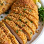 Crispy baked chicken cutlet recipe sliced and served on a white platter with lemon wedges.