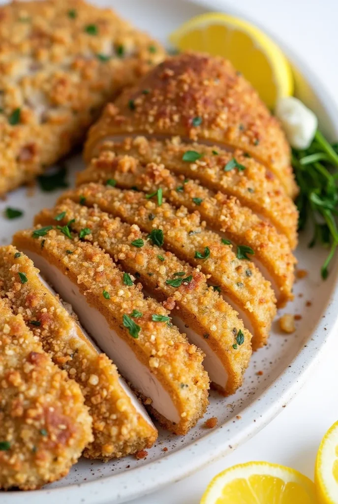 Crispy baked chicken cutlet recipe sliced and served on a white platter with lemon wedges.