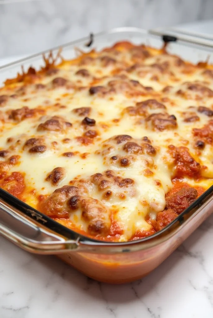 A serving of lazy lasagna on a white plate with garlic bread and a sprinkle of fresh parsley.