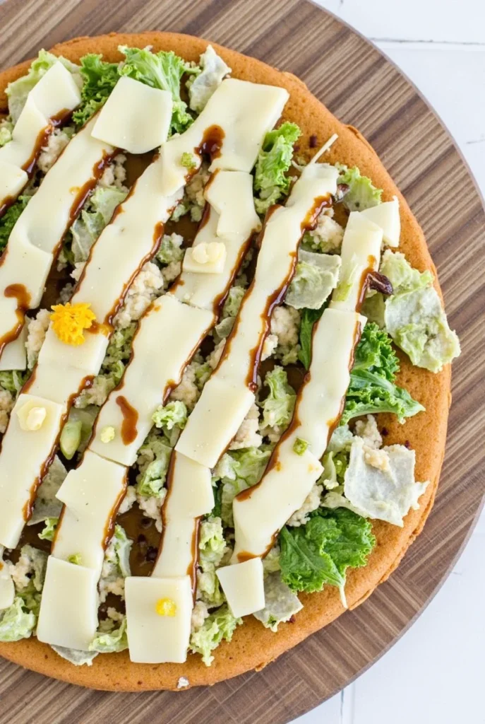 Chicken Crust Caesar Salad Pizza with romaine lettuce, cheese strips, and a drizzle of Caesar dressing.