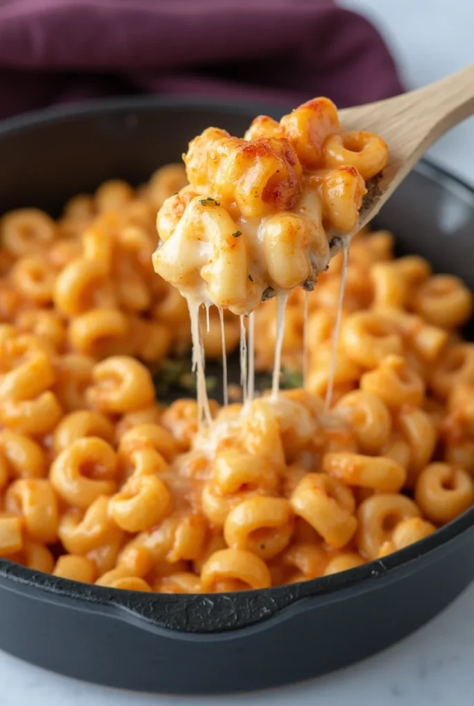 Gooey smoked mac and cheese with melted cheese being lifted from a skillet, showing its creamy texture.