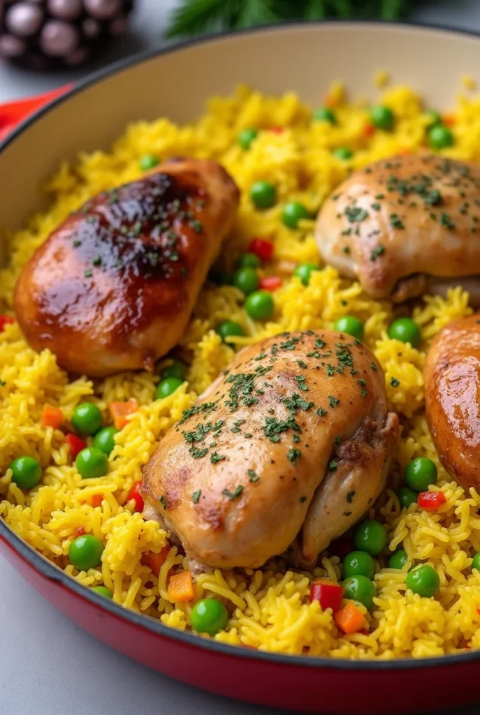 Golden-brown roasted chicken breasts served with fluffy yellow rice, peas, and colorful vegetables in a red pan.