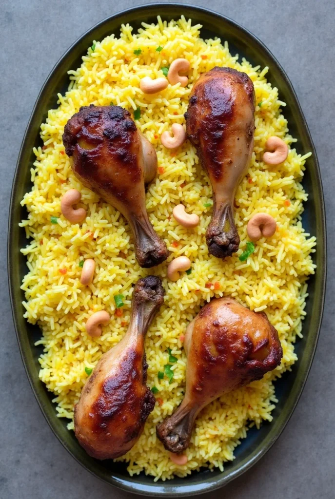 Glazed roasted chicken drumsticks on a platter of yellow rice garnished with cashews and fresh herbs.